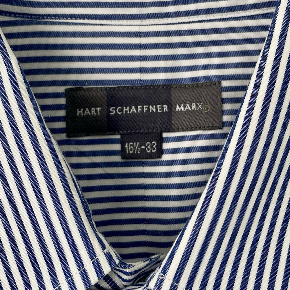 Hart Schaffner Marx Men's Navy Striped Long Sleeve Shirt Cotton 16 1/2 - 33
